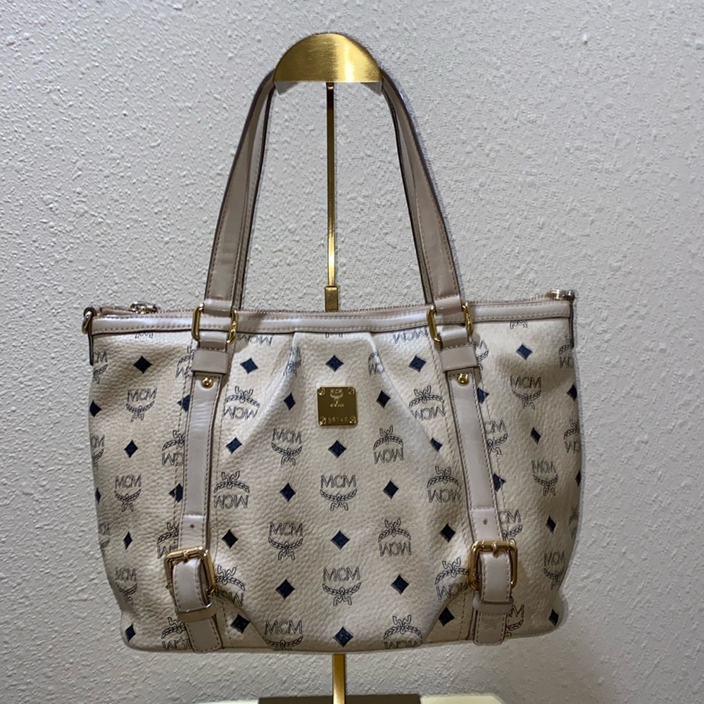Authentic MCM Visetos Beige canvas leather tote bag.